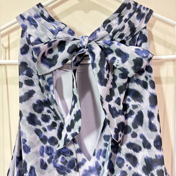 Adrianna Papell Purple Animal Print Midi Halter Tie Dress Womes 14 Wedding Party - Picture 9 of 16